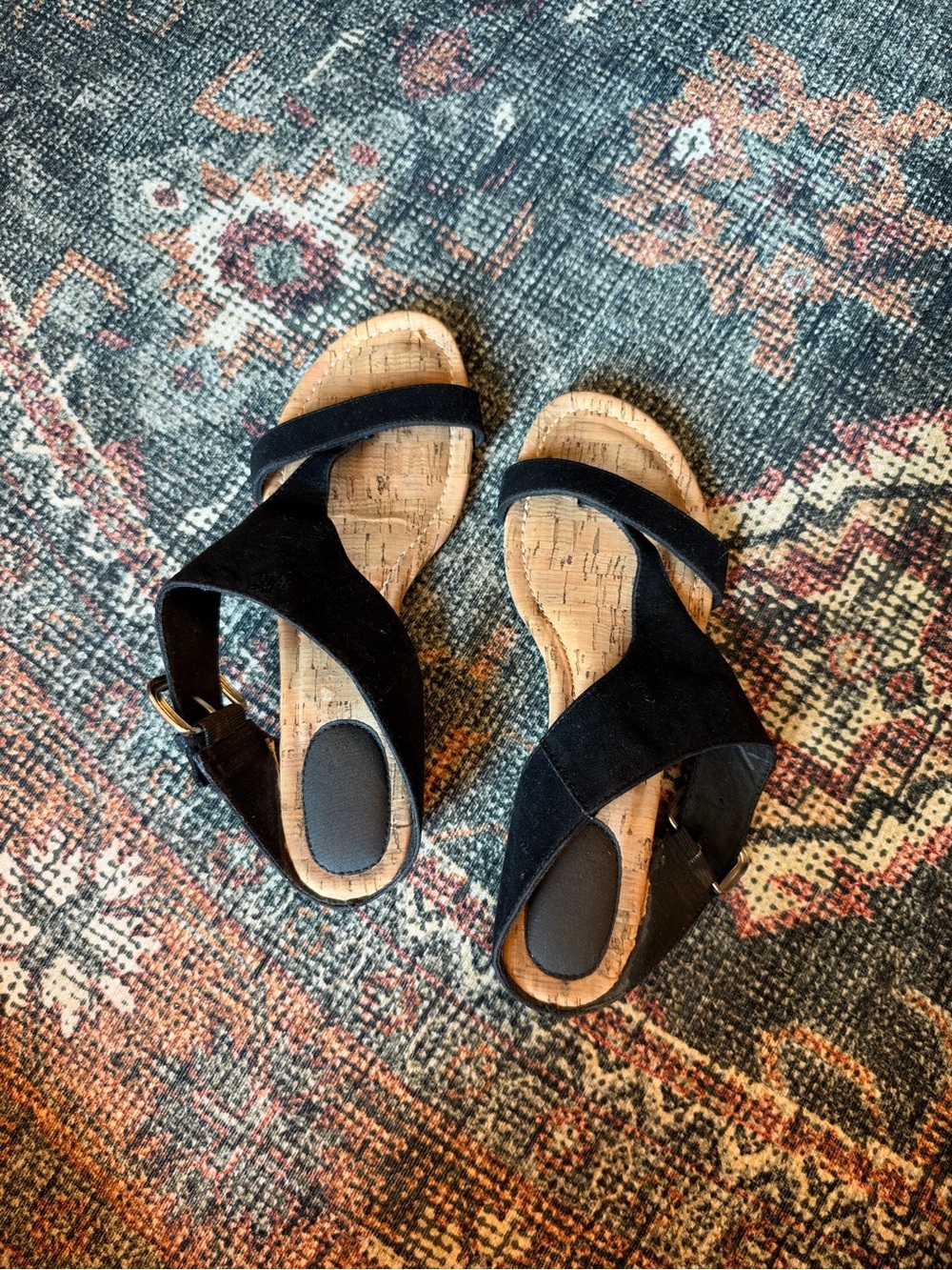 Black Suede T-strap Women's Wedge Sandals